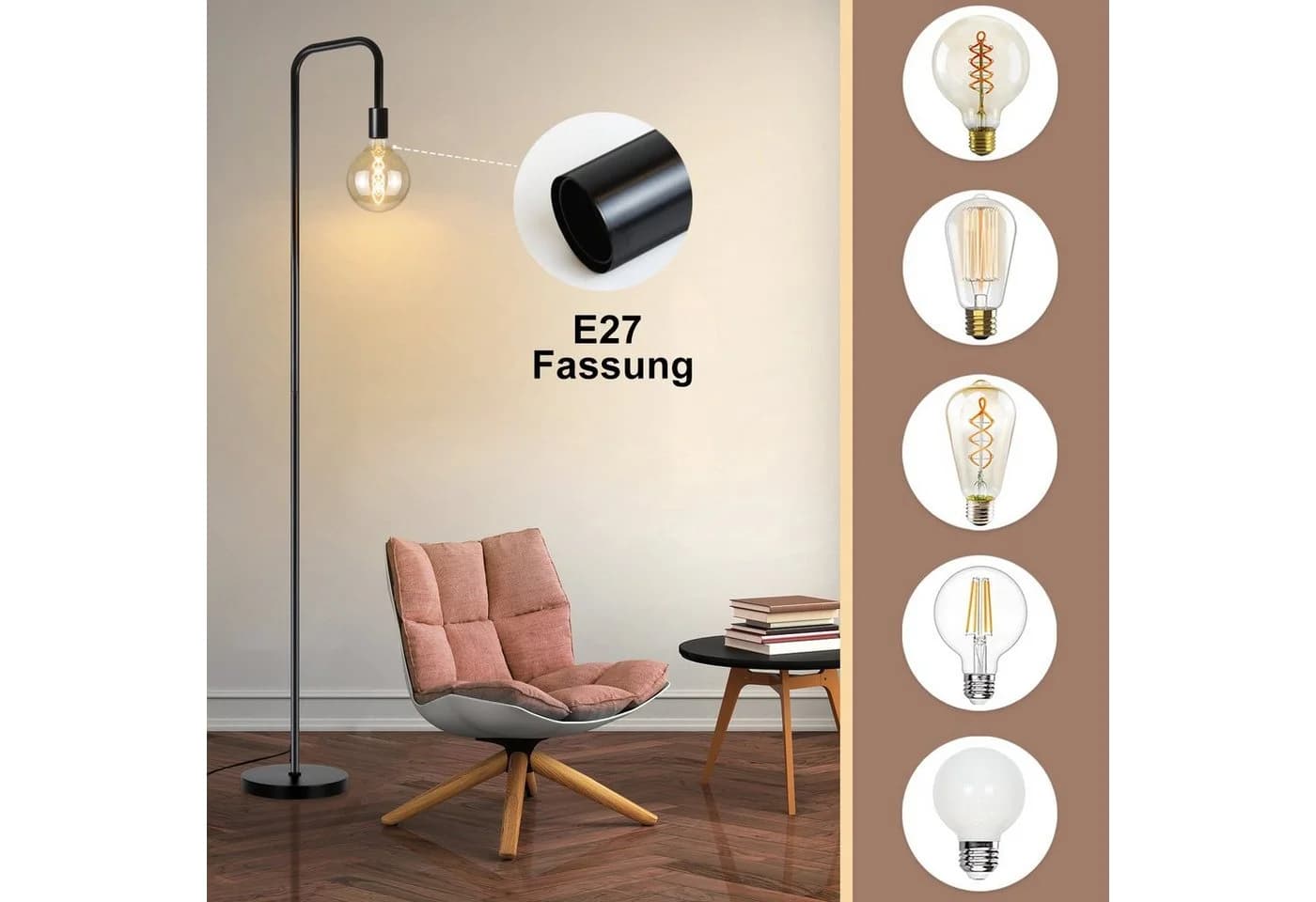Nettlife Stehlampe Schwarz mit Fußschalter 1xE27, LED wechselbar, Schlafzimmer Büro