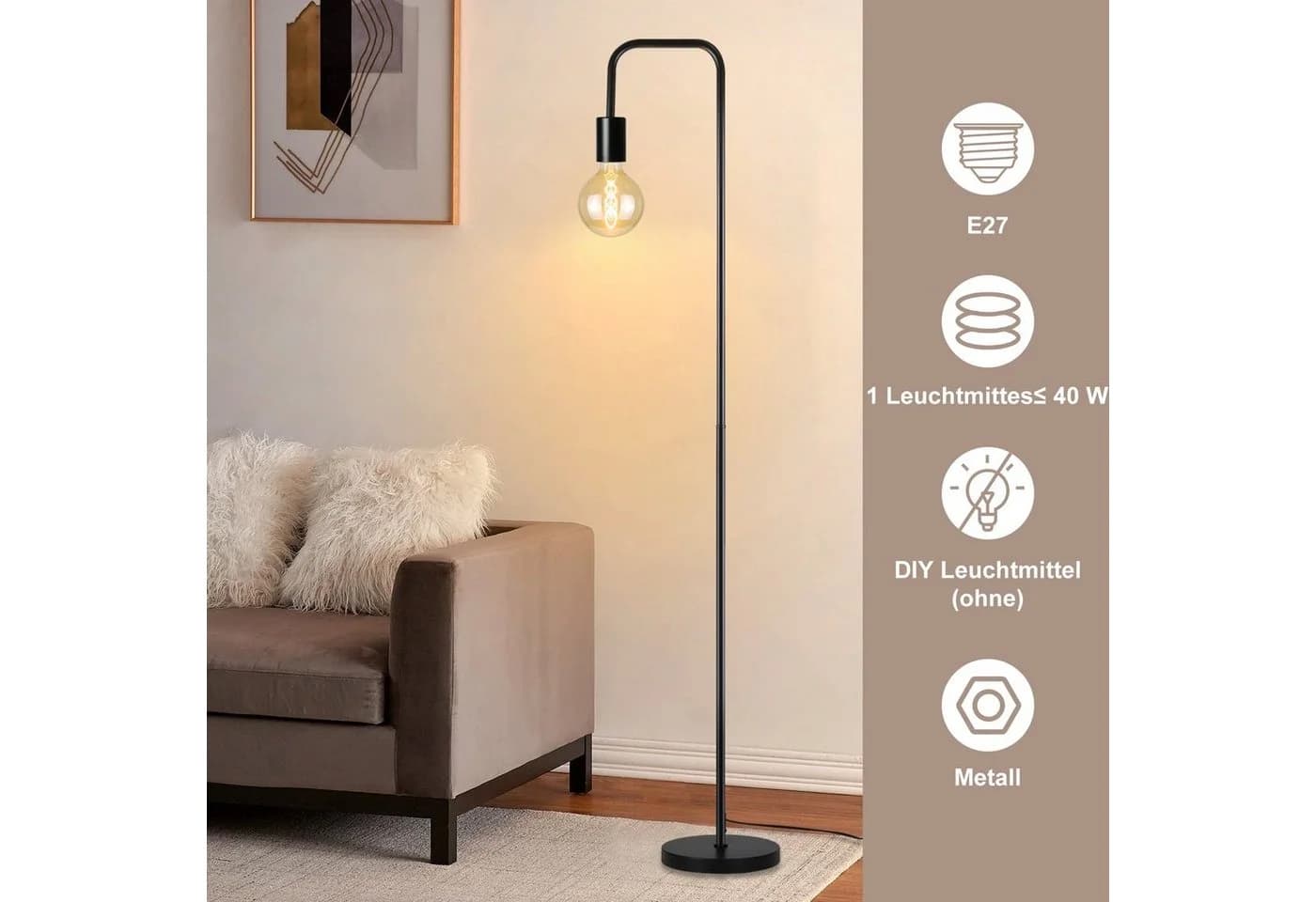 Nettlife Stehlampe Schwarz mit Fußschalter 1xE27, LED wechselbar, Schlafzimmer Büro - Bild 3