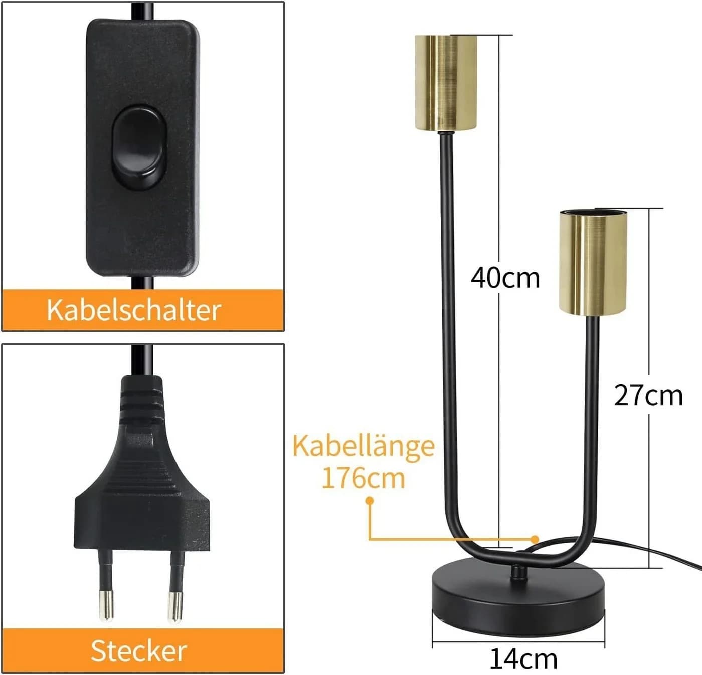 Nettlife Tischleuchte Schwarz-Gold E27 mit Kippschalter LED wechselbar