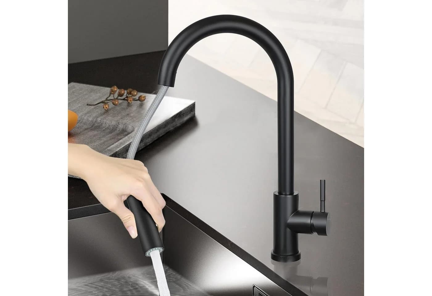 Nettlife Küchenarmatur Wasserhahn Schwarz Ausziehbar 360° Drehbar Edelstahl - Bild 2