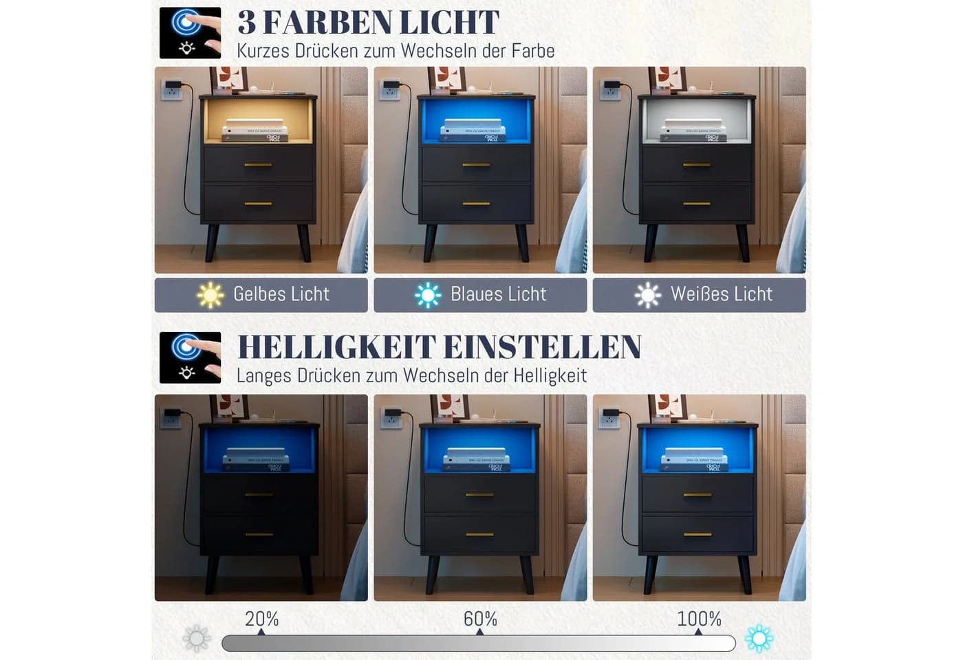 LVSOMT Nachttisch mit LED, USB & Drahtlosem Laden - Schwarz - Bild 3
