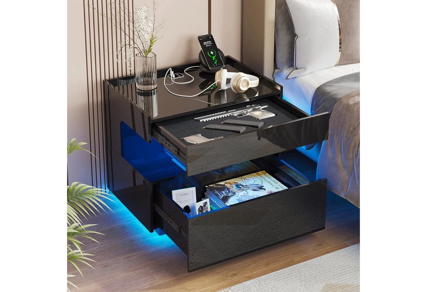 LVSOMT Nachttisch mit LED-Beleuchtung und Ladestation, 2 Schubladen, Schwarz - Bild 2