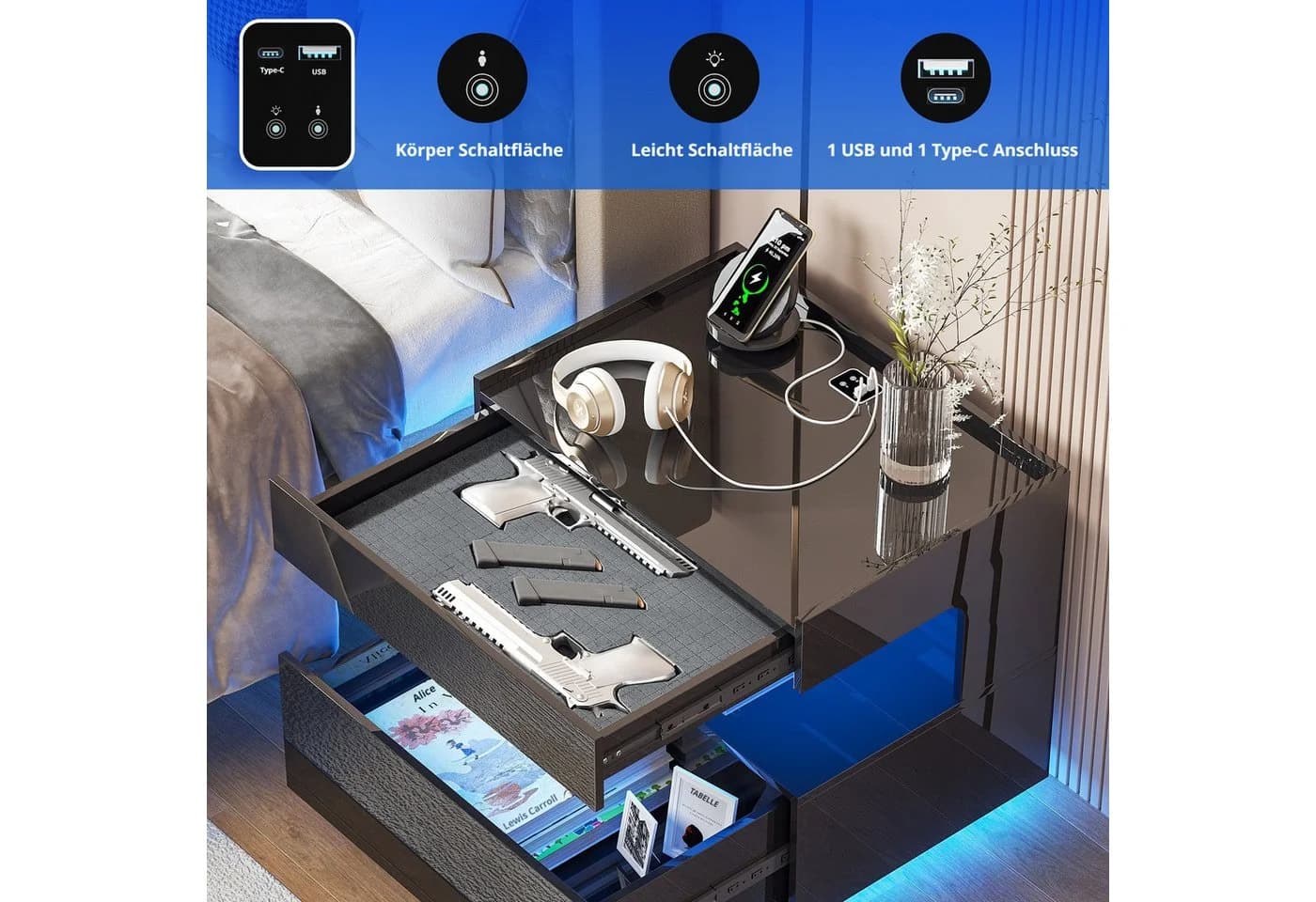 LVSOMT Nachttisch mit LED-Beleuchtung und Ladestation, 2 Schubladen, Schwarz - Bild 3