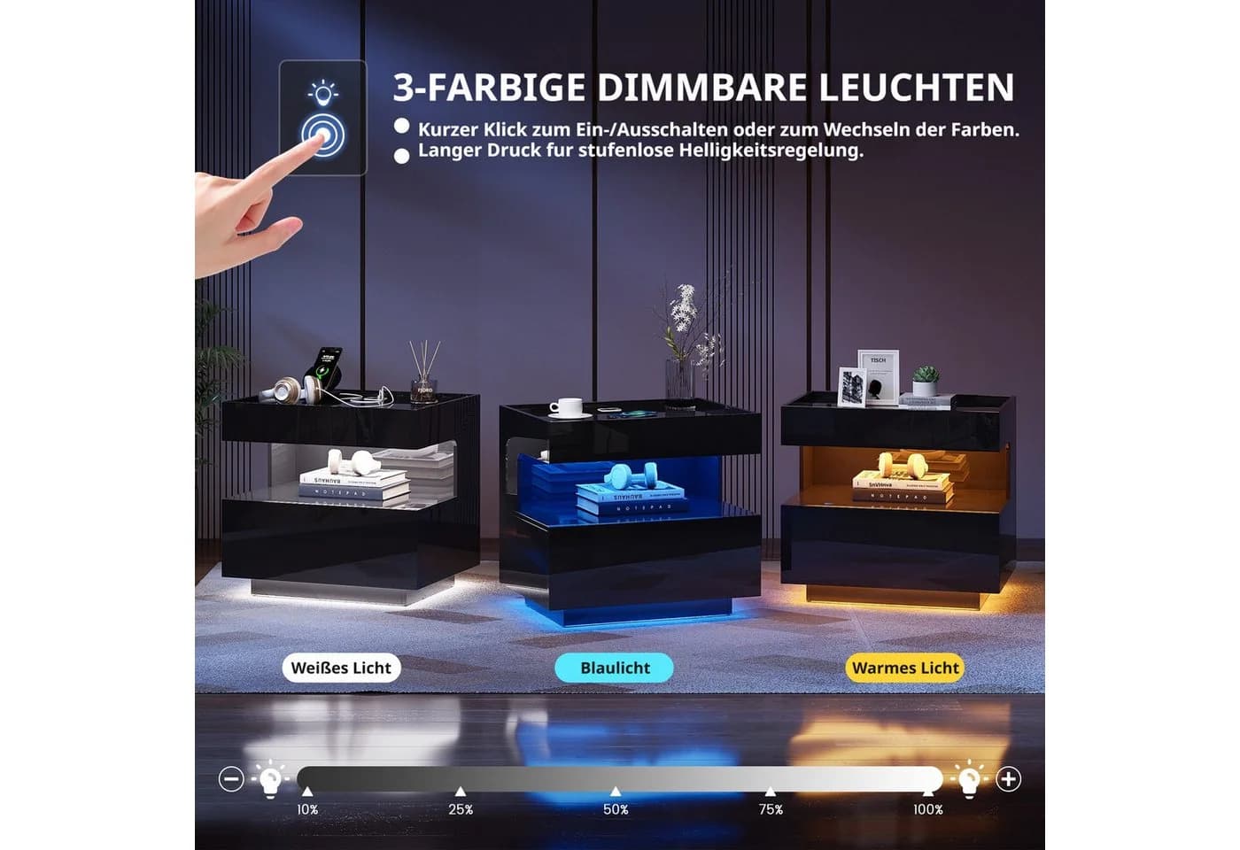 LVSOMT Nachttisch mit LED-Beleuchtung und Ladestation, 2 Schubladen, Schwarz - Bild 5