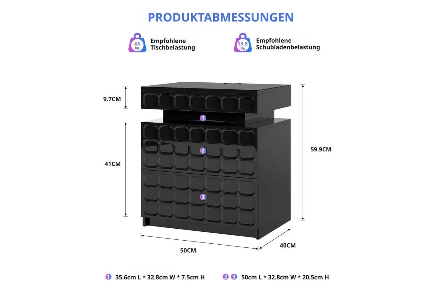 LVSOMT Nachttisch mit Ladestation und RGB Schwarz