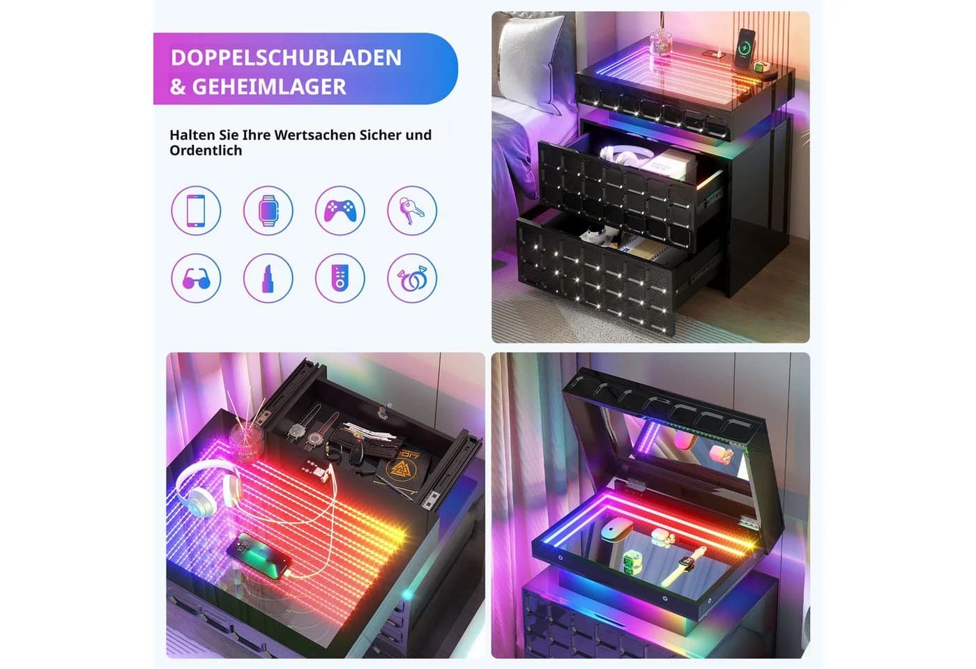 LVSOMT Nachttisch mit Ladestation und RGB Schwarz - Bild 5