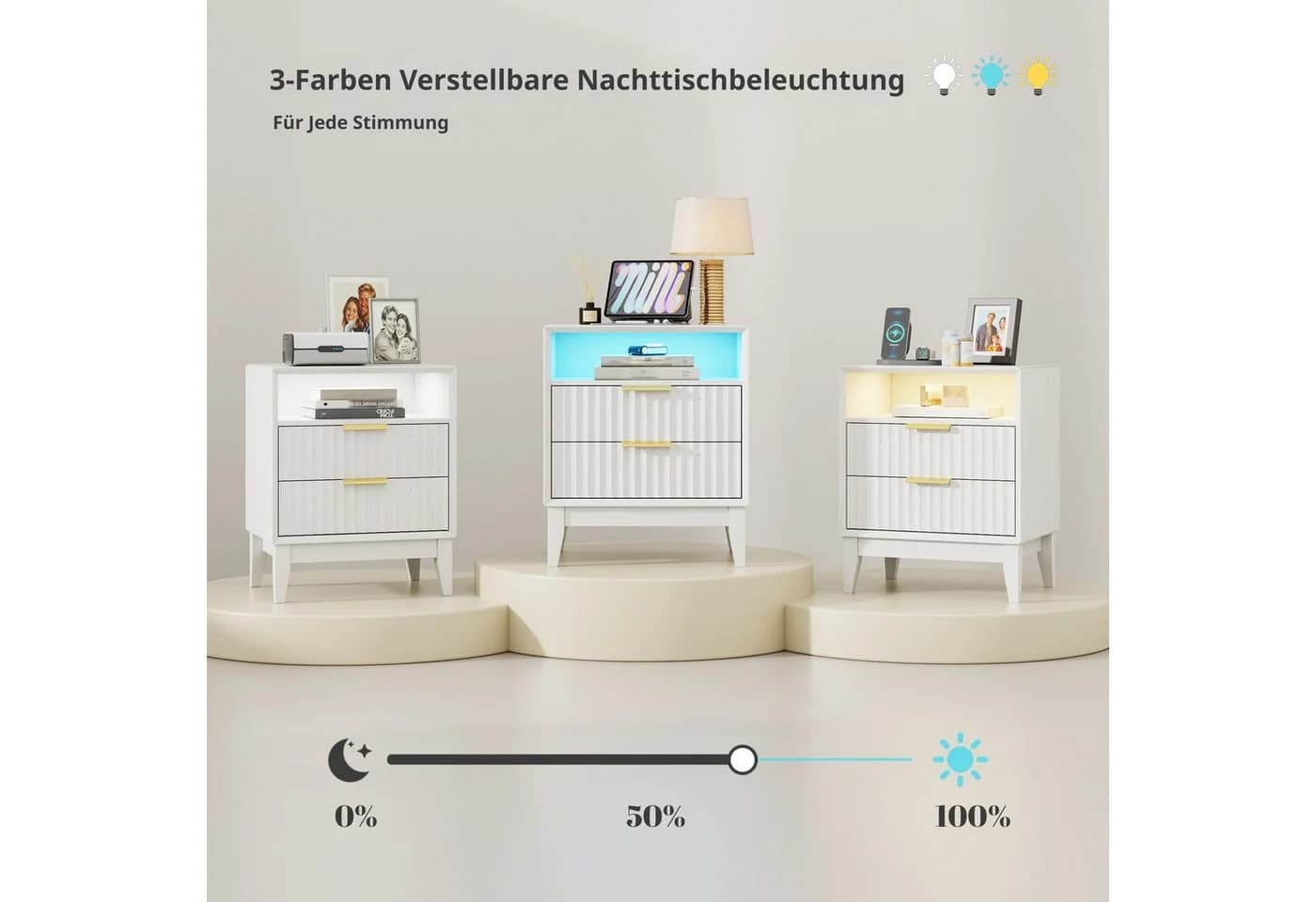 LVSOMT Nachttisch Mid-Century Modern Weiß mit LED & Ladestation - Bild 4