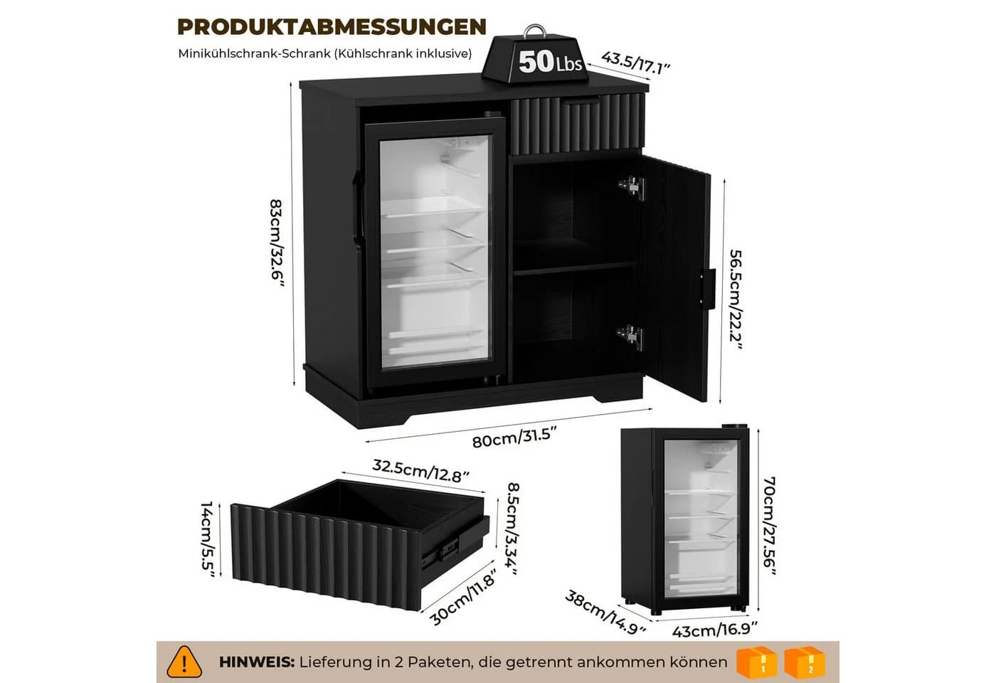 BROTTAR Weinschrank Barschrank mit Kühlschrank Schwarz