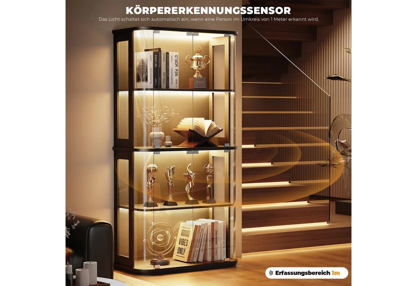 BROTTAR Glasvitrine Runddesign 4 Ebenen LED & Sensor Schwarz - Bild 5