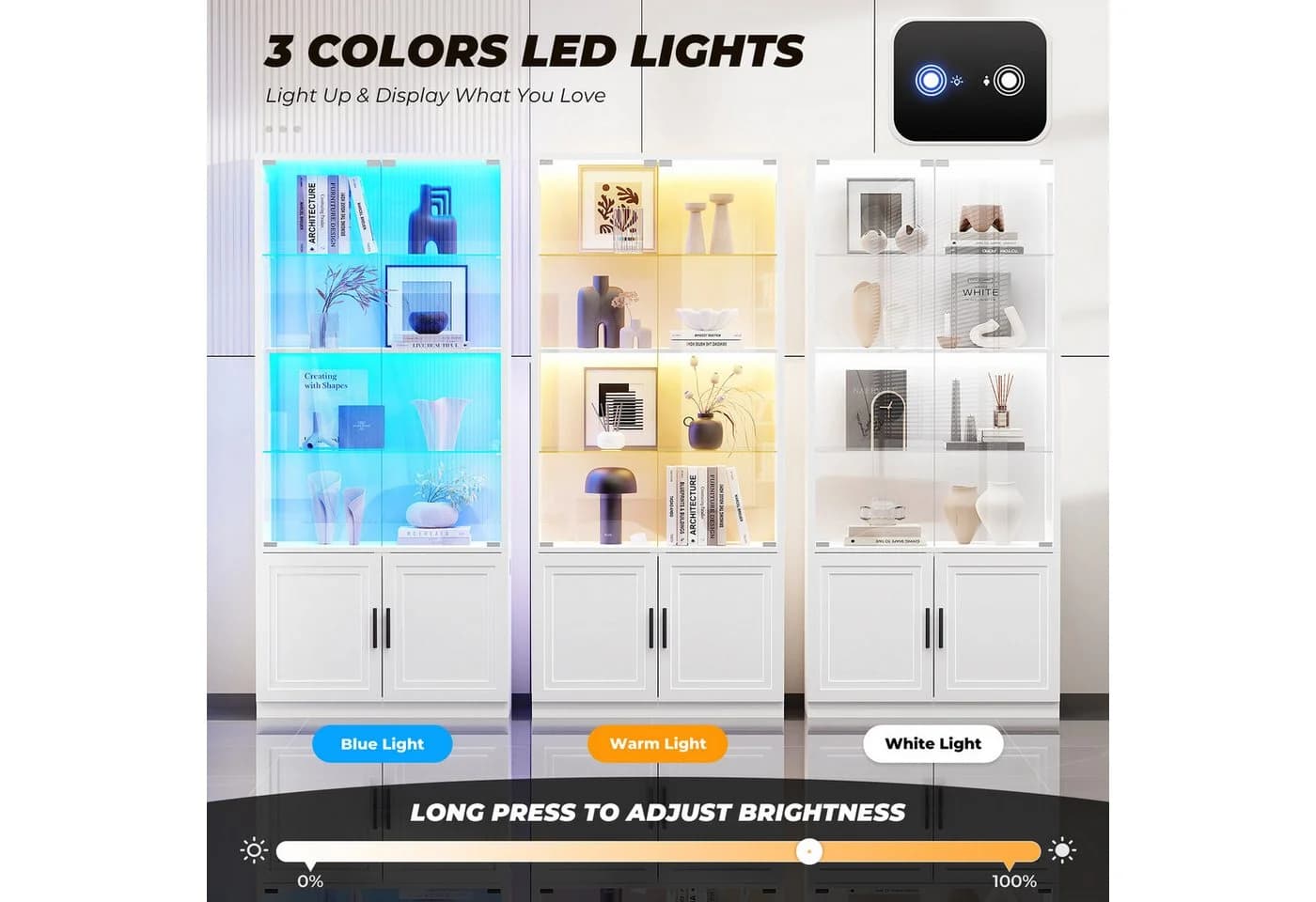 BROTTAR Glasvitrine 4 Ebenen mit LED-Beleuchtung und Bewegungssensor