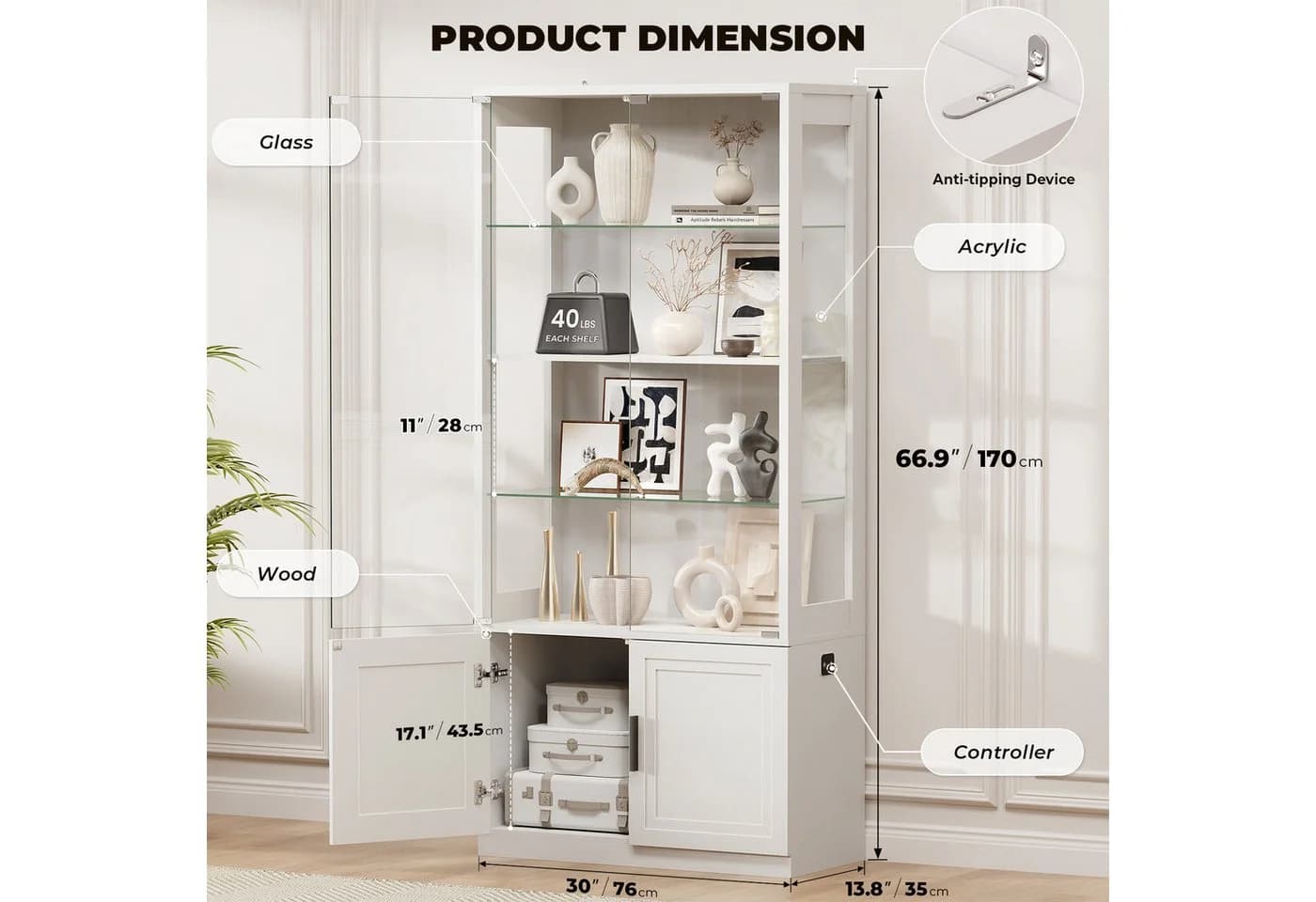 BROTTAR Glasvitrine 4 Ebenen mit LED-Beleuchtung und Bewegungssensor - Bild 4