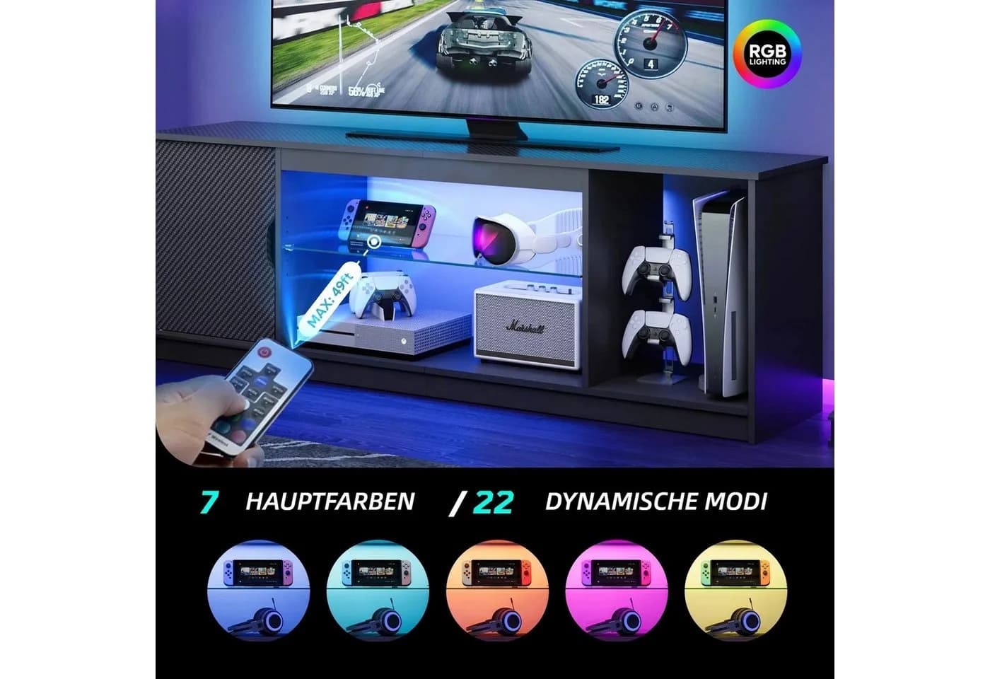 Bestier TV-Schrank Lowboard mit RGB-LED Leuchten Schwarze Kohlefaser