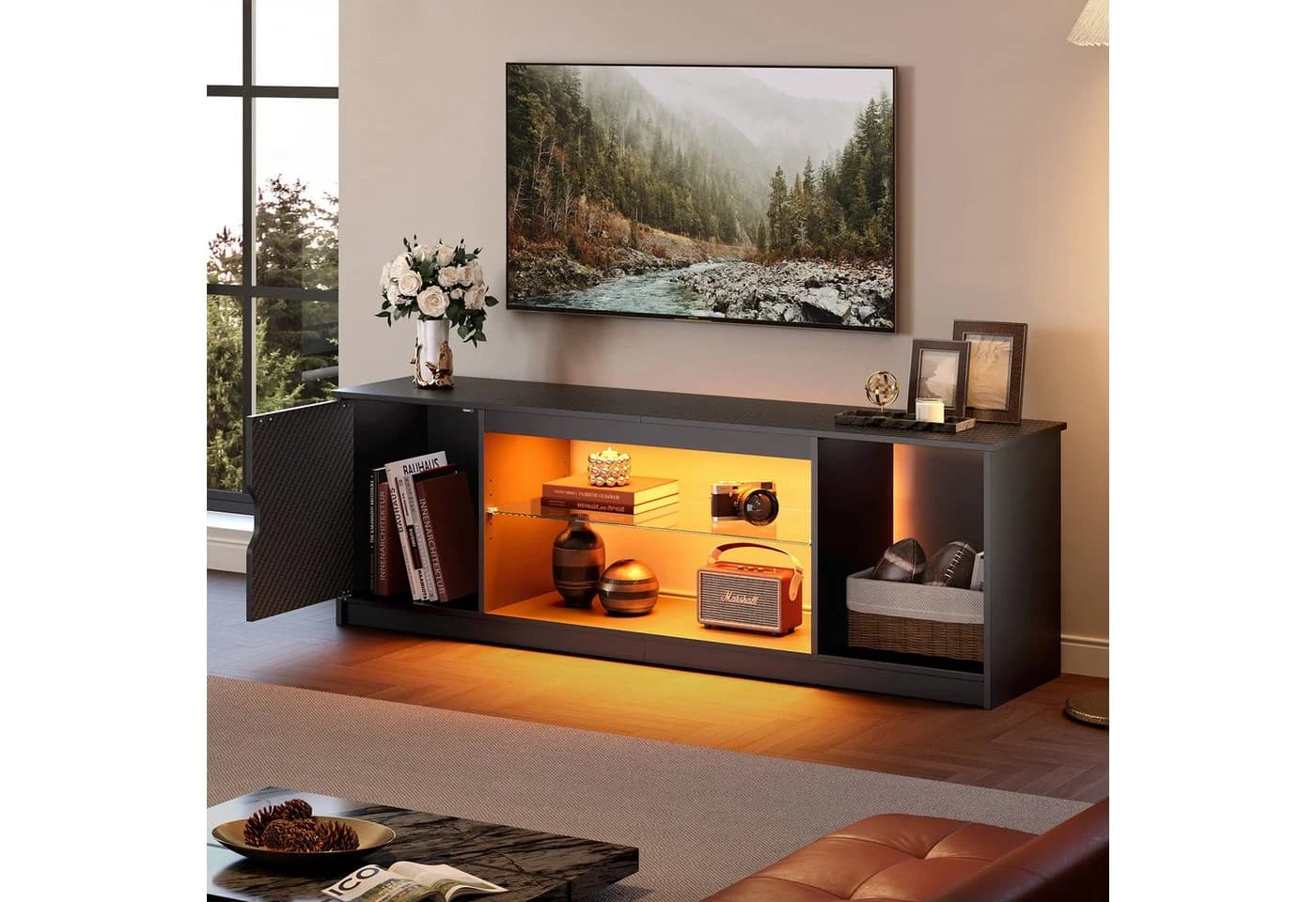 Bestier TV-Schrank Lowboard mit RGB-LED Leuchten Schwarze Kohlefaser - Bild 4