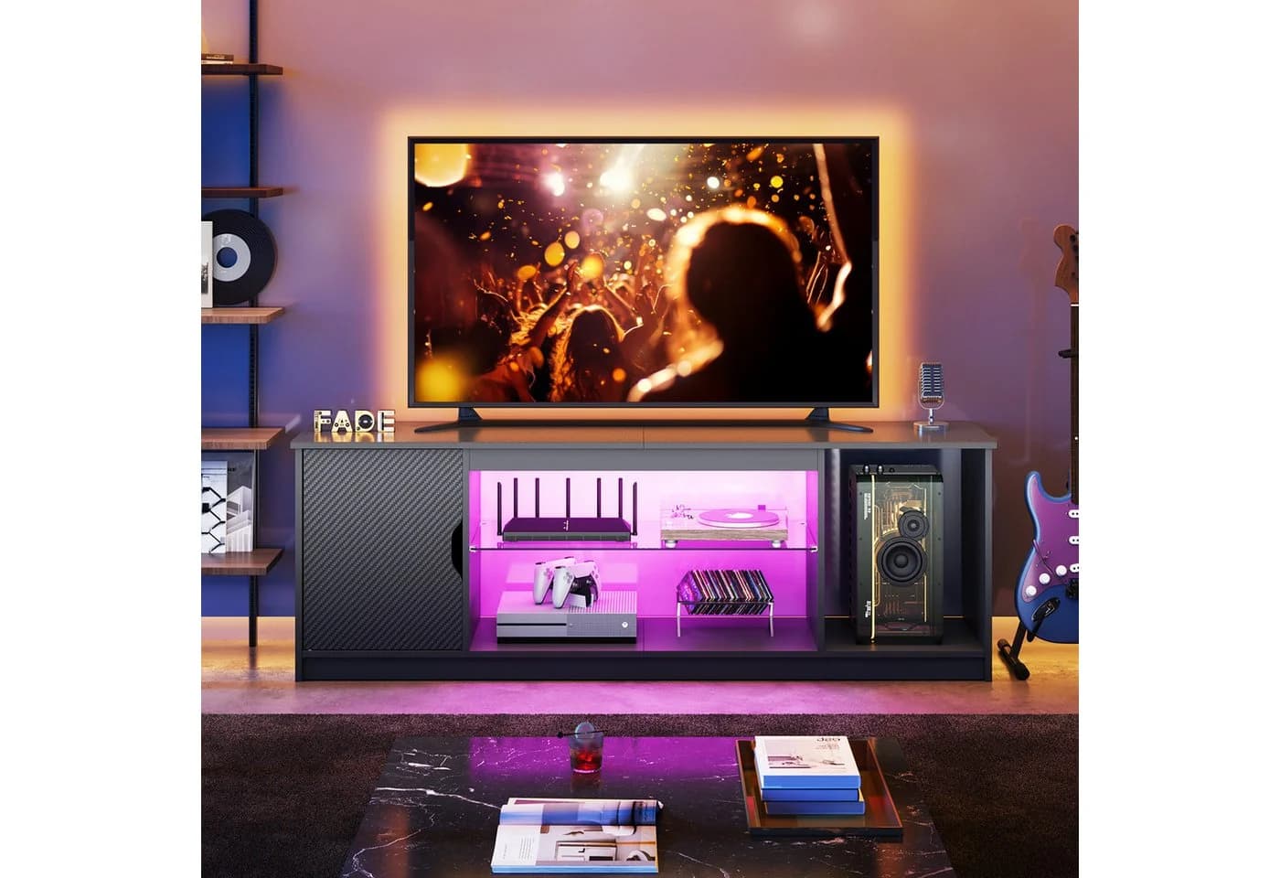 Bestier TV-Schrank Lowboard mit RGB-LED Leuchten Schwarze Kohlefaser - Bild 5