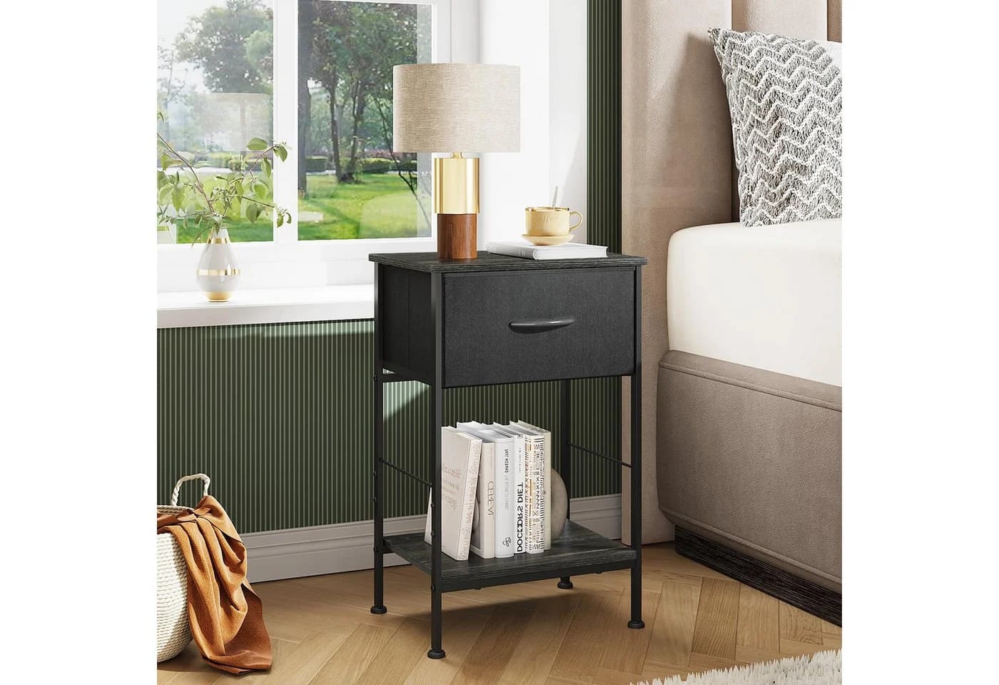 WLIVE Beistelltisch Nachttisch mit Stoffschublade & Ablage, 40x30x63 cm, Metallrahmen