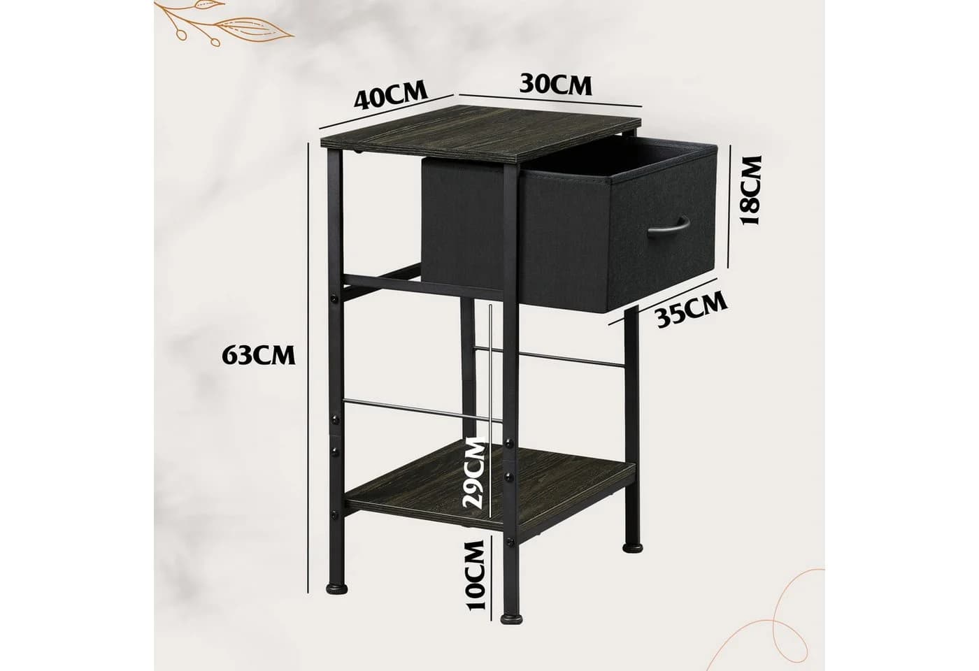 WLIVE Beistelltisch Nachttisch mit Stoffschublade & Ablage, 40x30x63 cm, Metallrahmen - Bild 3