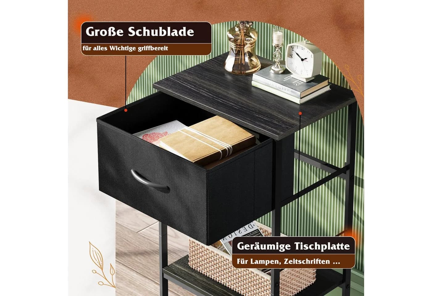 WLIVE Beistelltisch Nachttisch mit Stoffschublade & Ablage, 40x30x63 cm, Metallrahmen - Bild 5