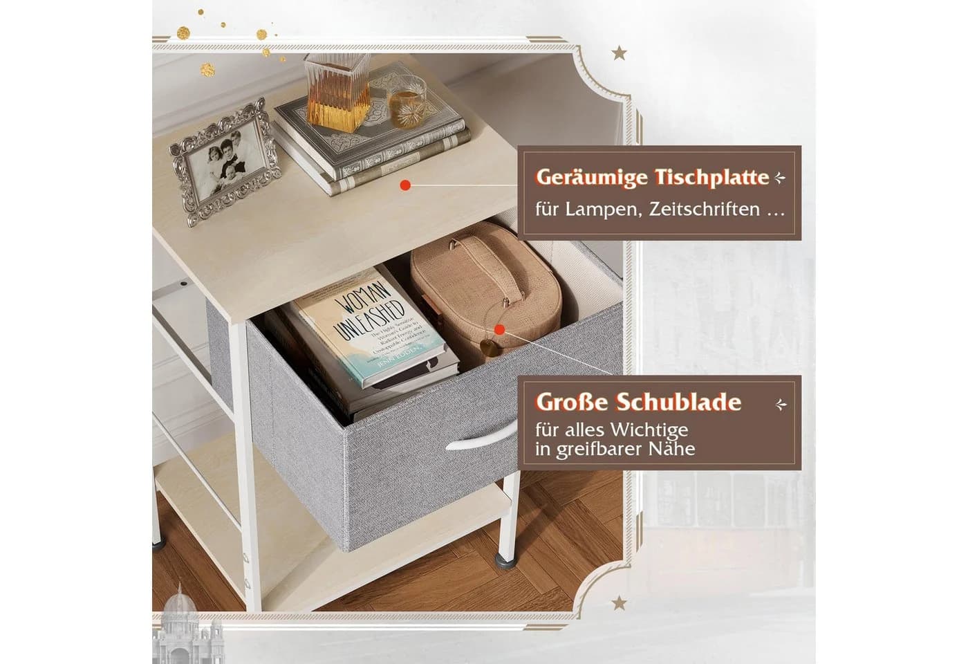 WLIVE Beistelltisch Nachttisch mit Stoffschublade & Ablage, Braun/Schwarz - Bild 4