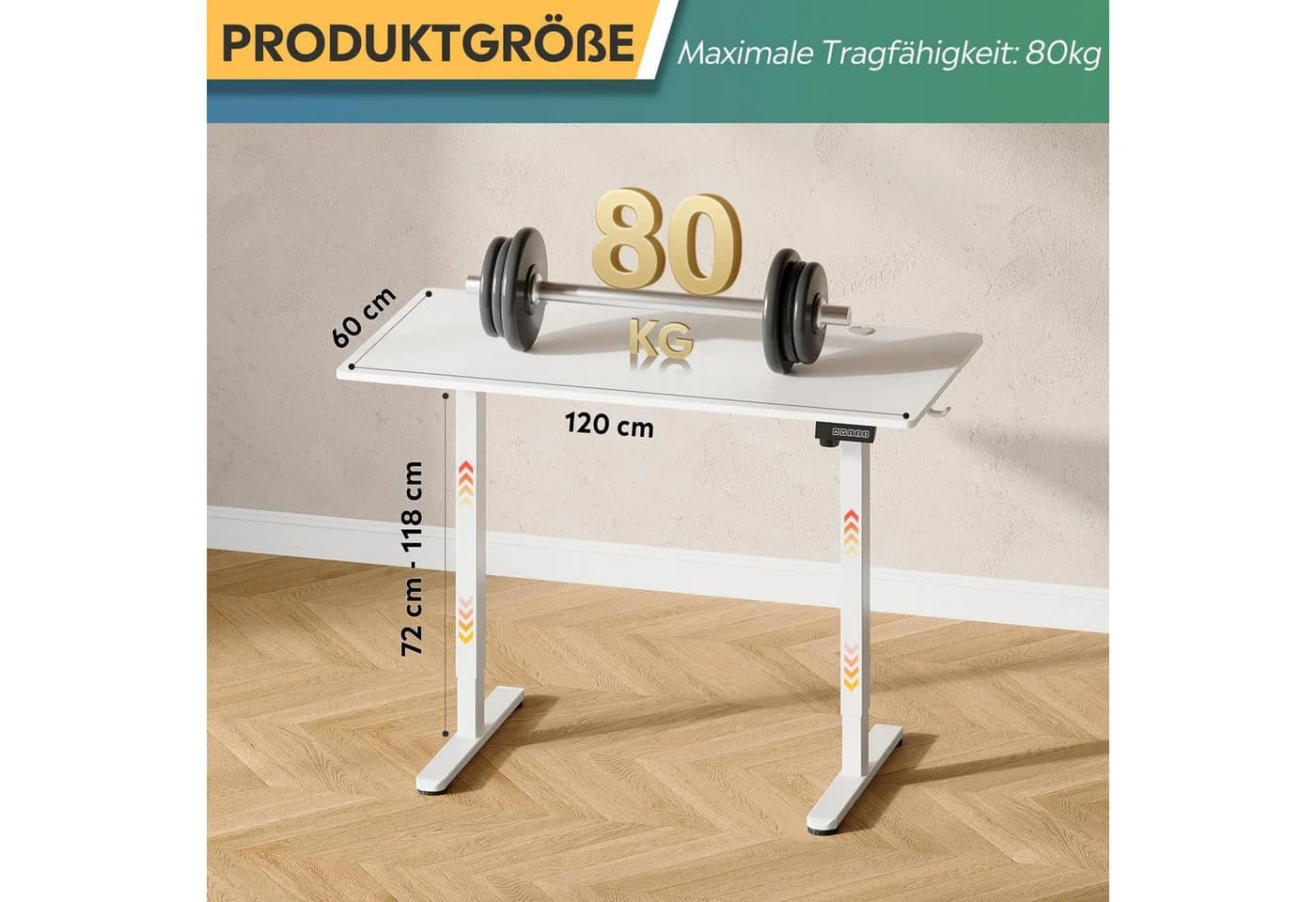 DEVAISE Höhenverstellbarer Schreibtisch Weiß 120x60 cm - Bild 3