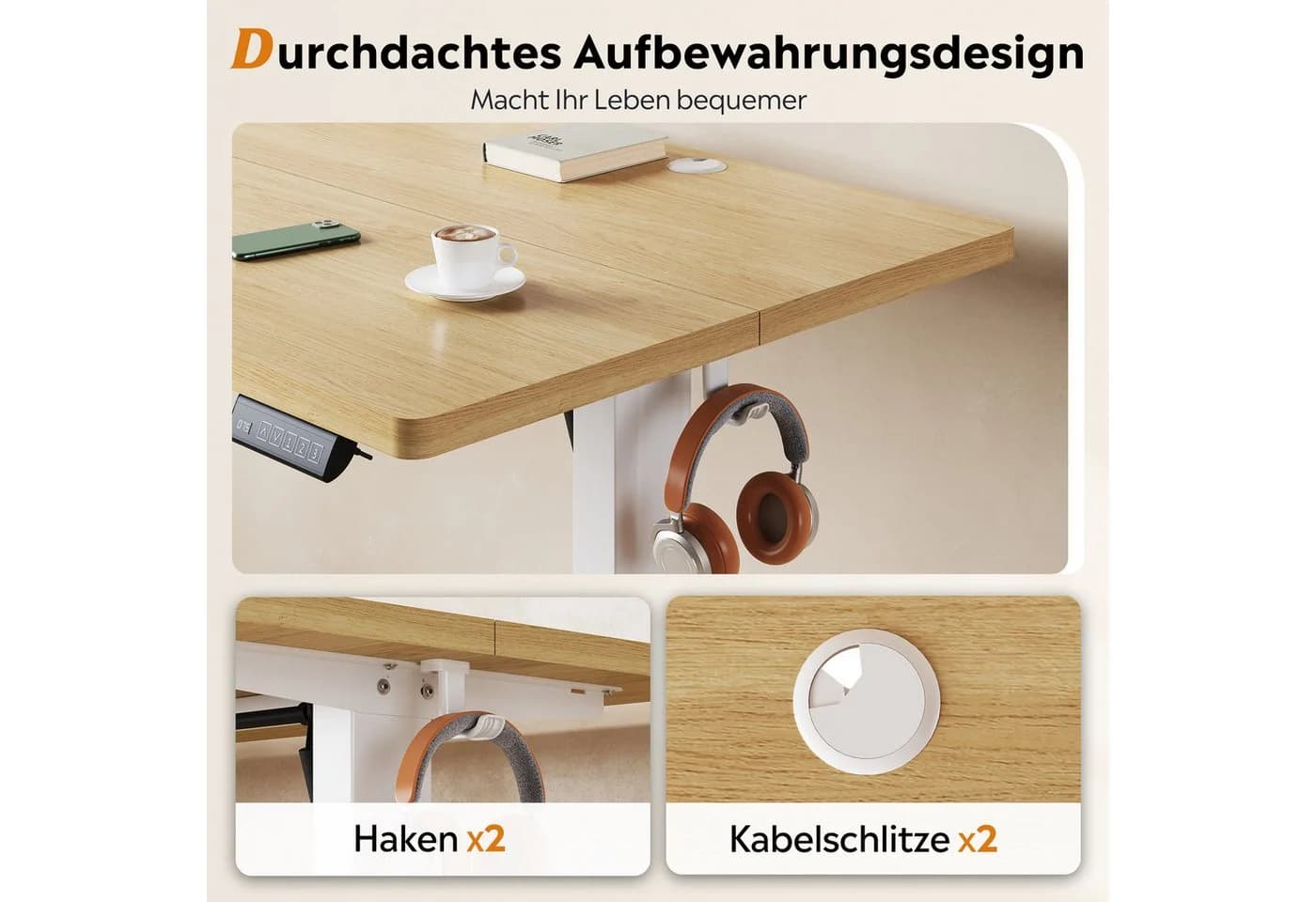 DEVAISE Höhenverstellbarer Schreibtisch 120x60 cm Eiche - Bild 5