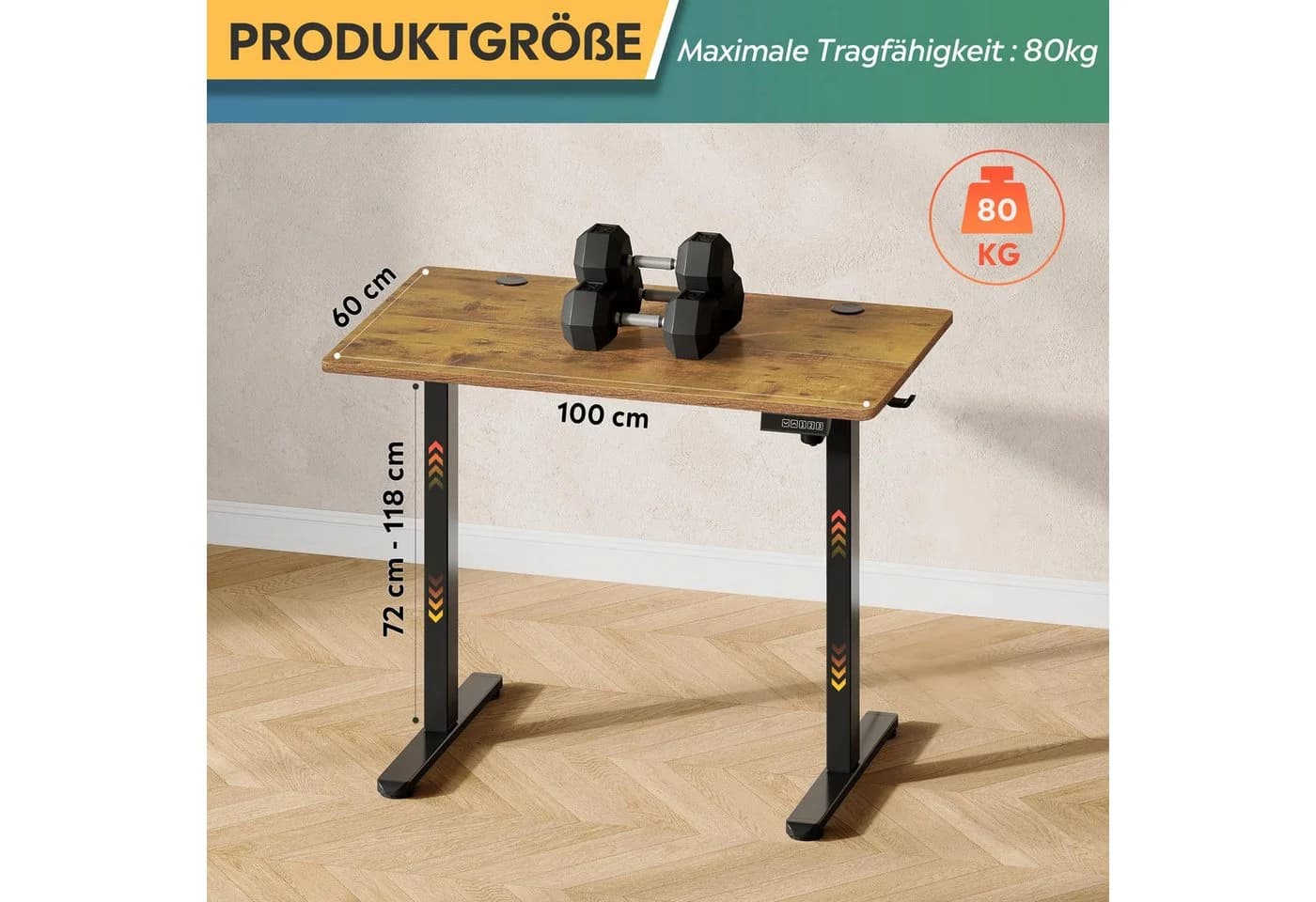 DEVAISE Höhenverstellbarer Schreibtisch 100x60 cm Eiche - Bild 3