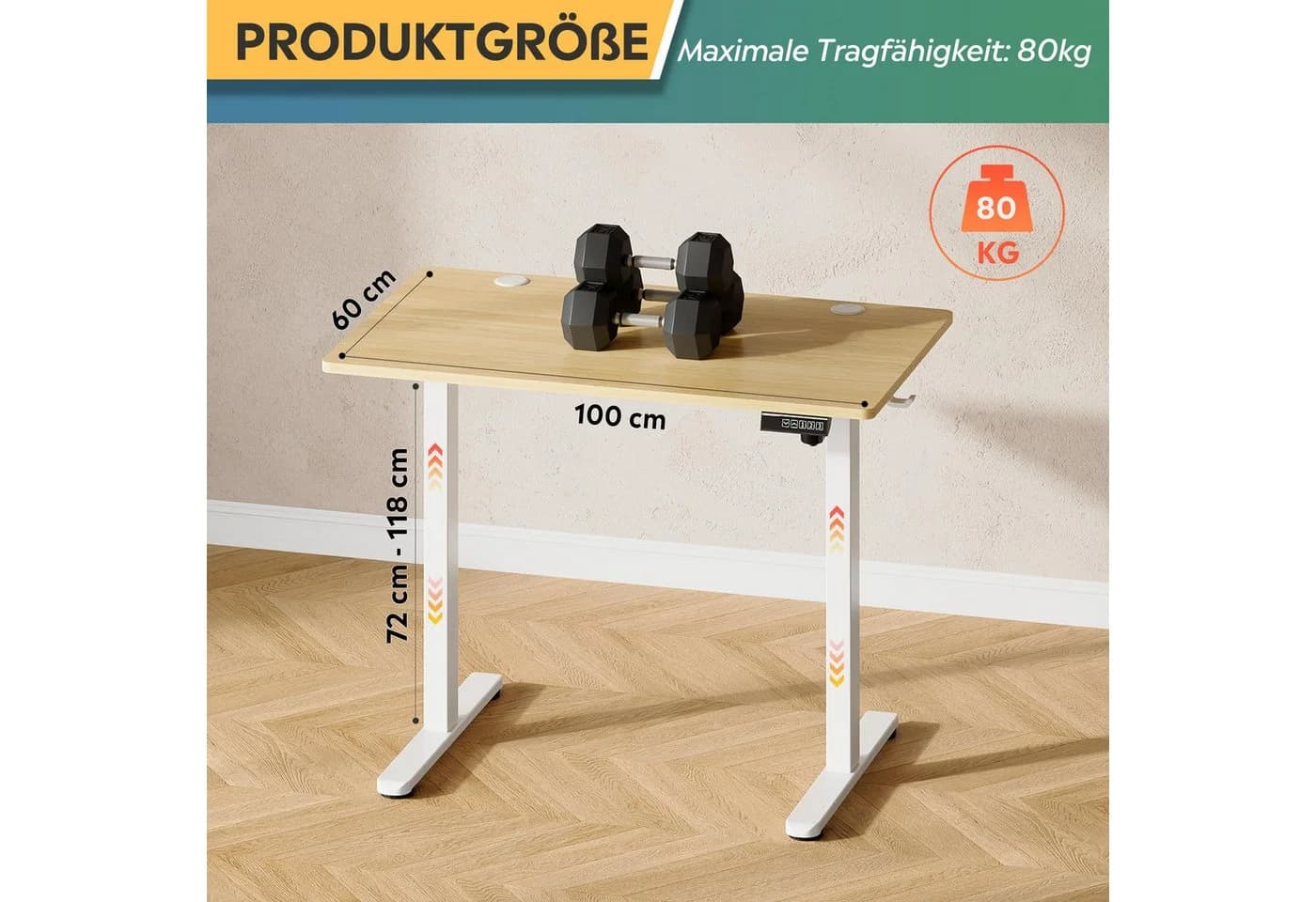 DEVAISE Höhenverstellbarer Schreibtisch 100x60 cm Eiche - Bild 3