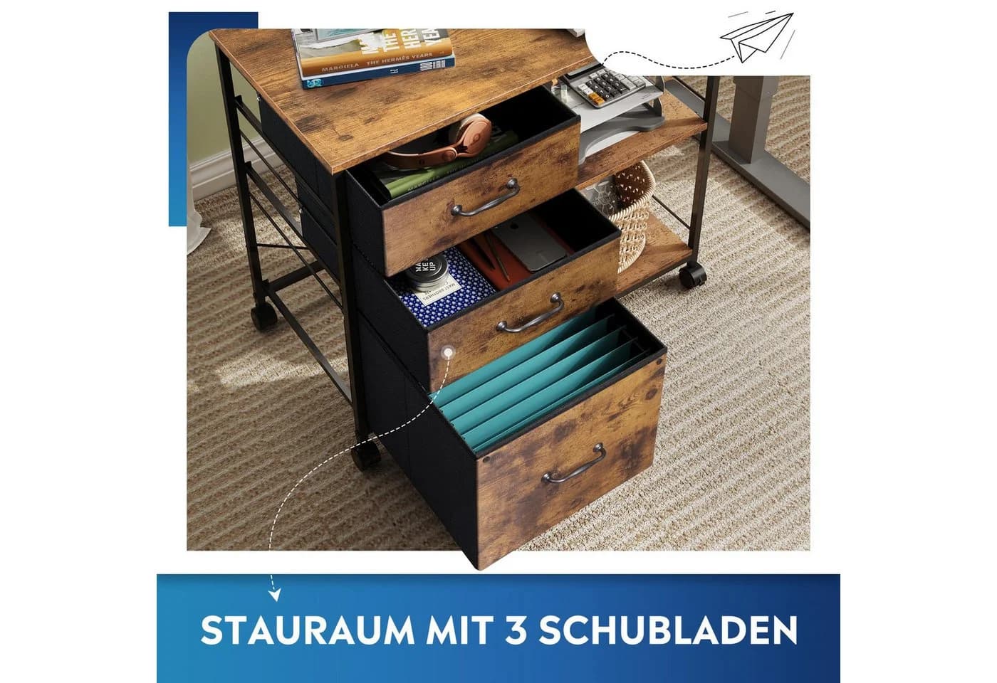 DEVAISE Rollcontainer mit 3 Schubladen & 2 Ablagen, Mobiler Aktenschrank Braun - Bild 4