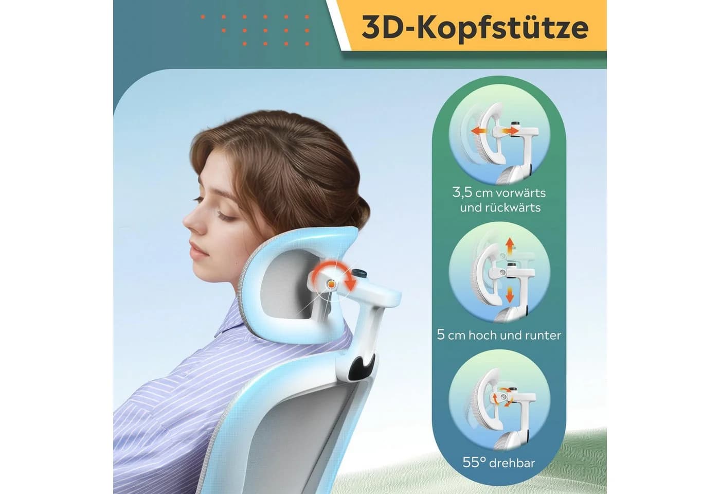 DEVAISE Bürostuhl Ergonomisch mit 3D-Kopfstütze Mesh-Rücken Weiß/Schwarz - Bild 4