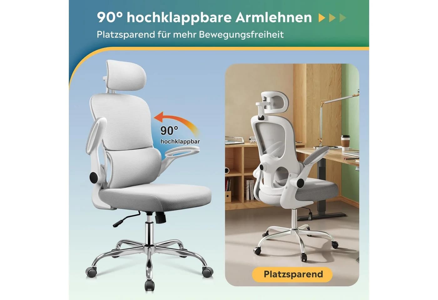 DEVAISE Bürostuhl Ergonomisch mit 3D-Kopfstütze Mesh-Rücken Weiß/Schwarz - Bild 5