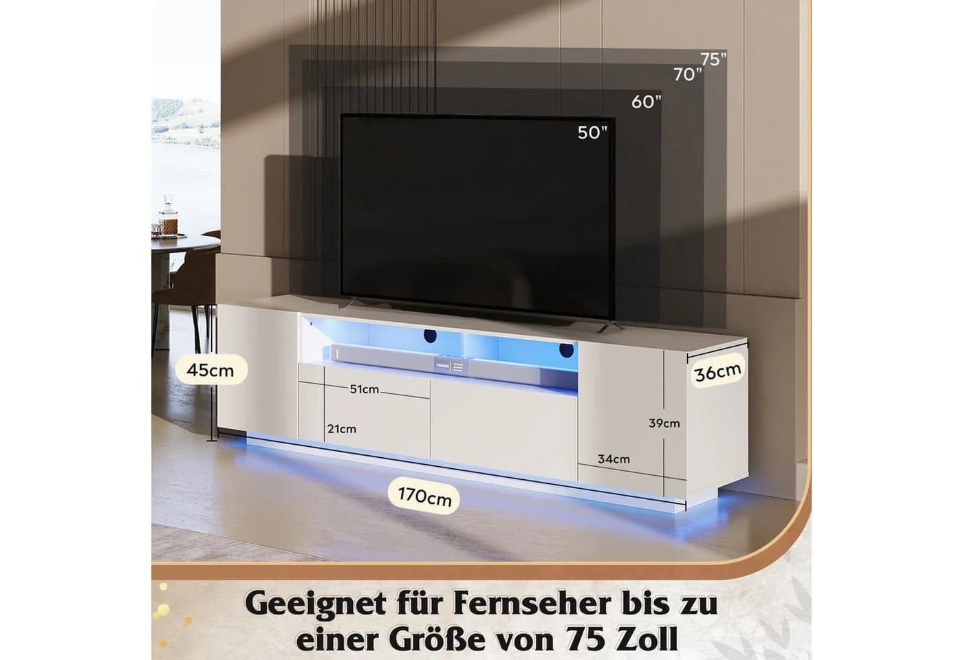 WLIVE TV-Schrank Modernes hängendes TV-Lowboard mit LED-Beleuchtung, 170 cm - Bild 5