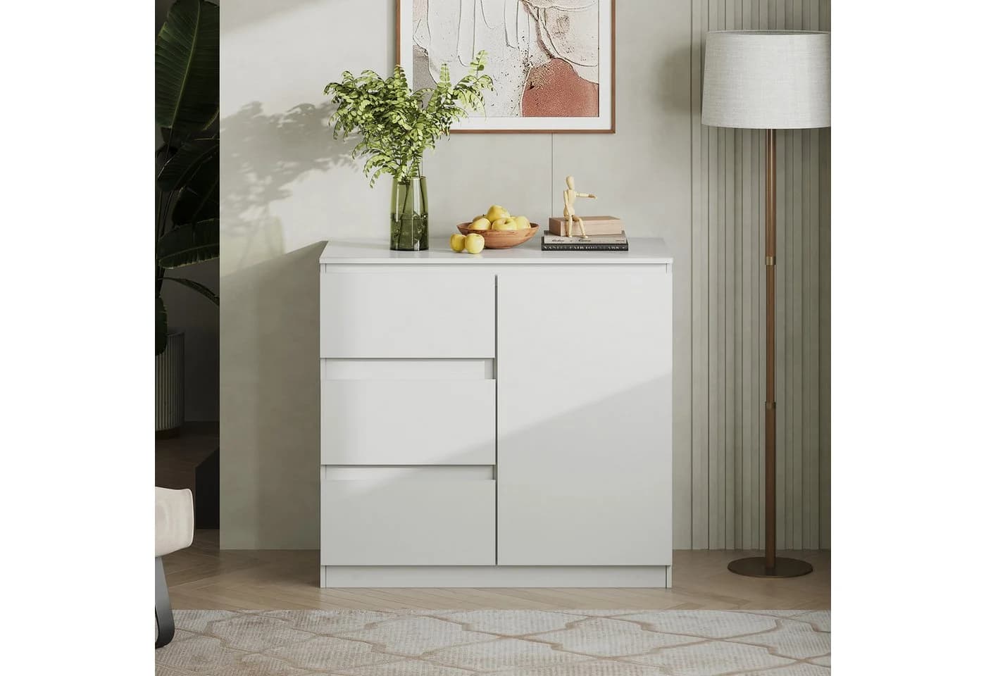 WLIVE Sideboard Kommode, Breite 80 cm, Sideboard mit 3 Schubladen & 1 Tür, Soft-Close-Funktion, Weiß - Bild 3