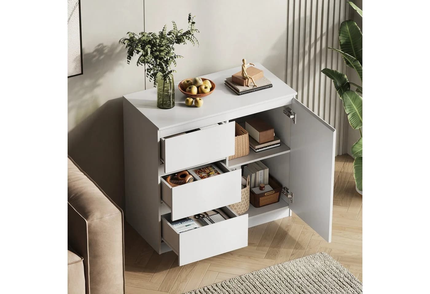 WLIVE Sideboard Kommode, Breite 80 cm, Sideboard mit 3 Schubladen & 1 Tür, Soft-Close-Funktion, Weiß - Bild 5