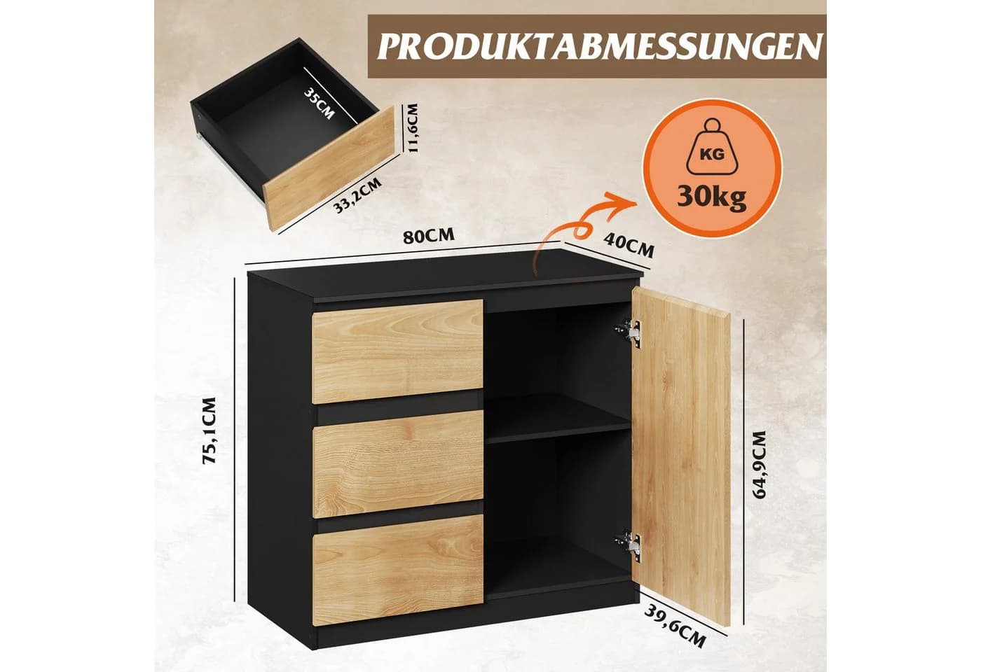 WLIVE Sideboard Kommode 80 cm Schwarz+Eiche Soft-Close