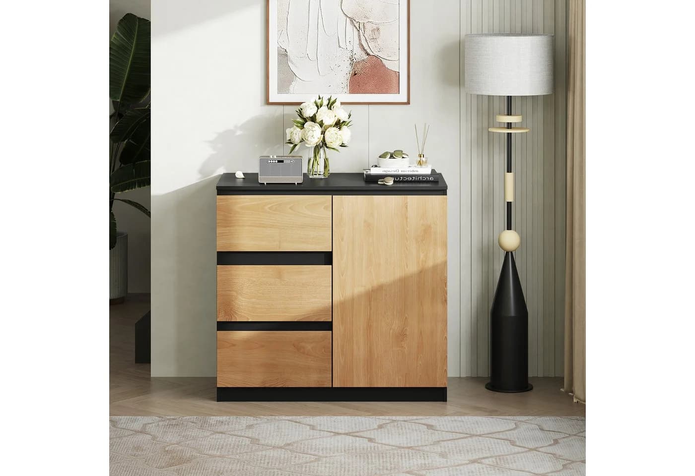 WLIVE Sideboard Kommode 80 cm Schwarz+Eiche Soft-Close - Bild 3