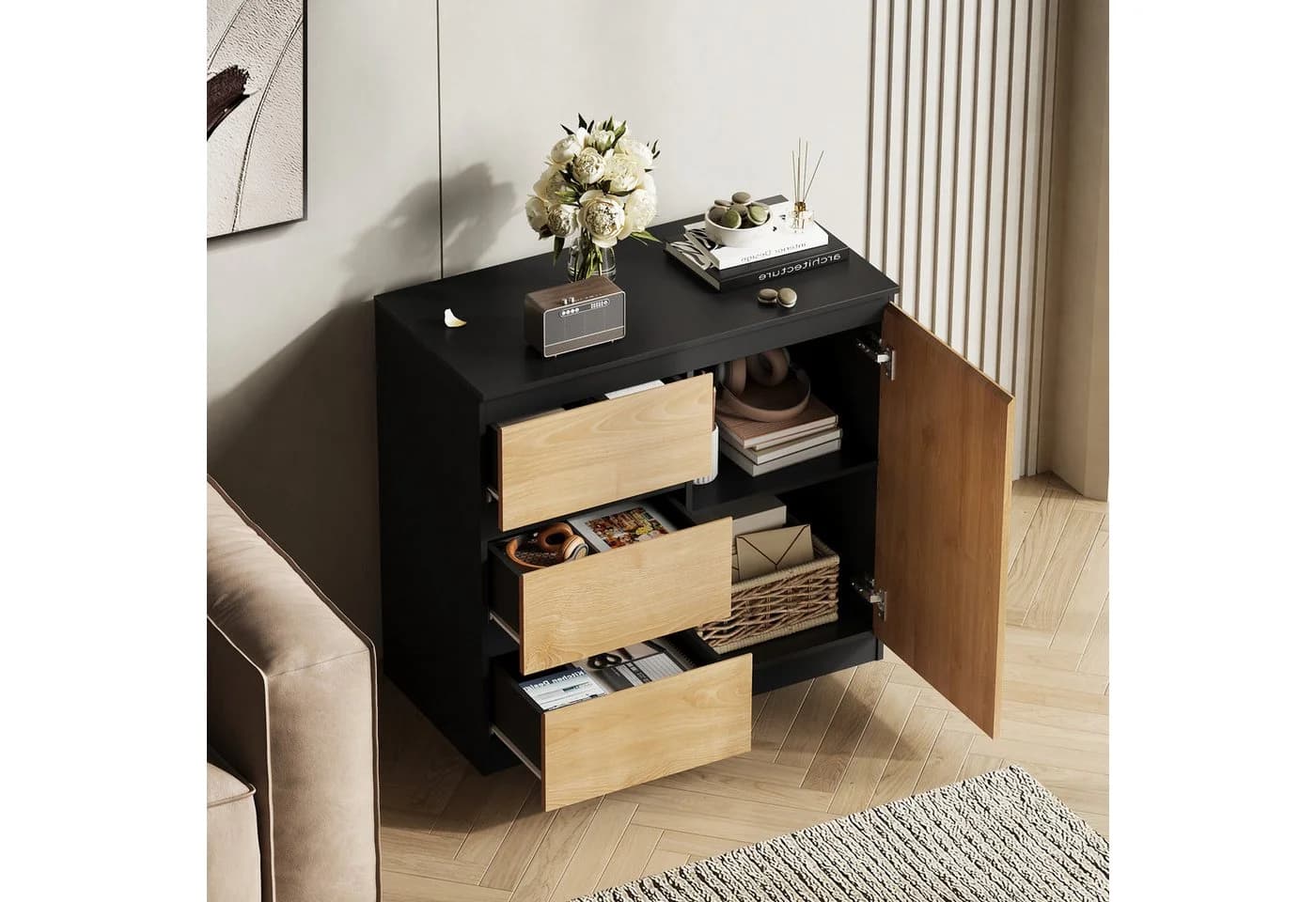 WLIVE Sideboard Kommode 80 cm Schwarz+Eiche Soft-Close - Bild 5