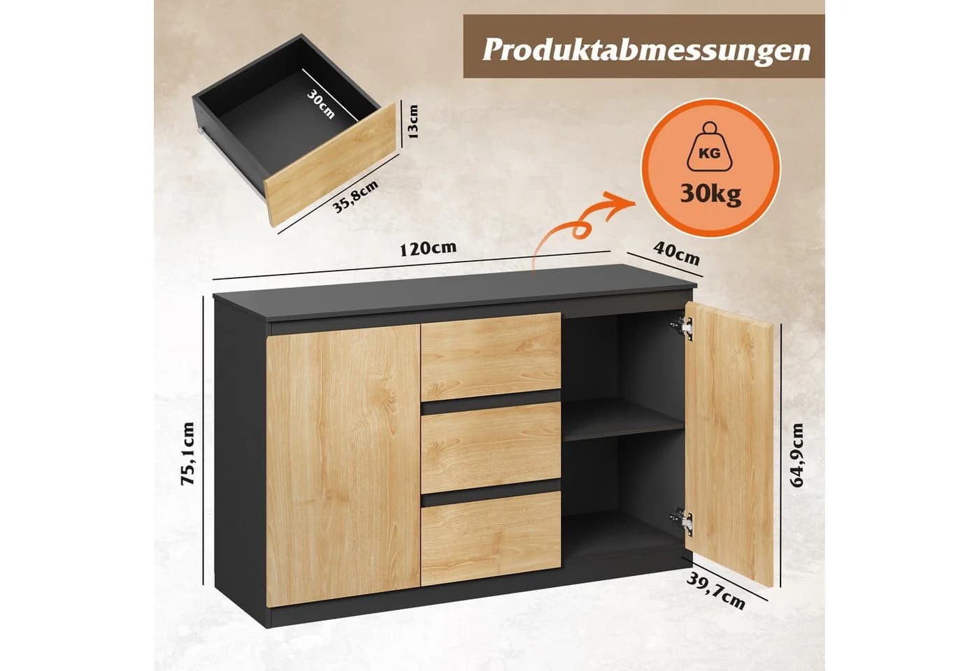 WLIVE Sideboard Kommode 3 Schubladen 1 Tür Weiß