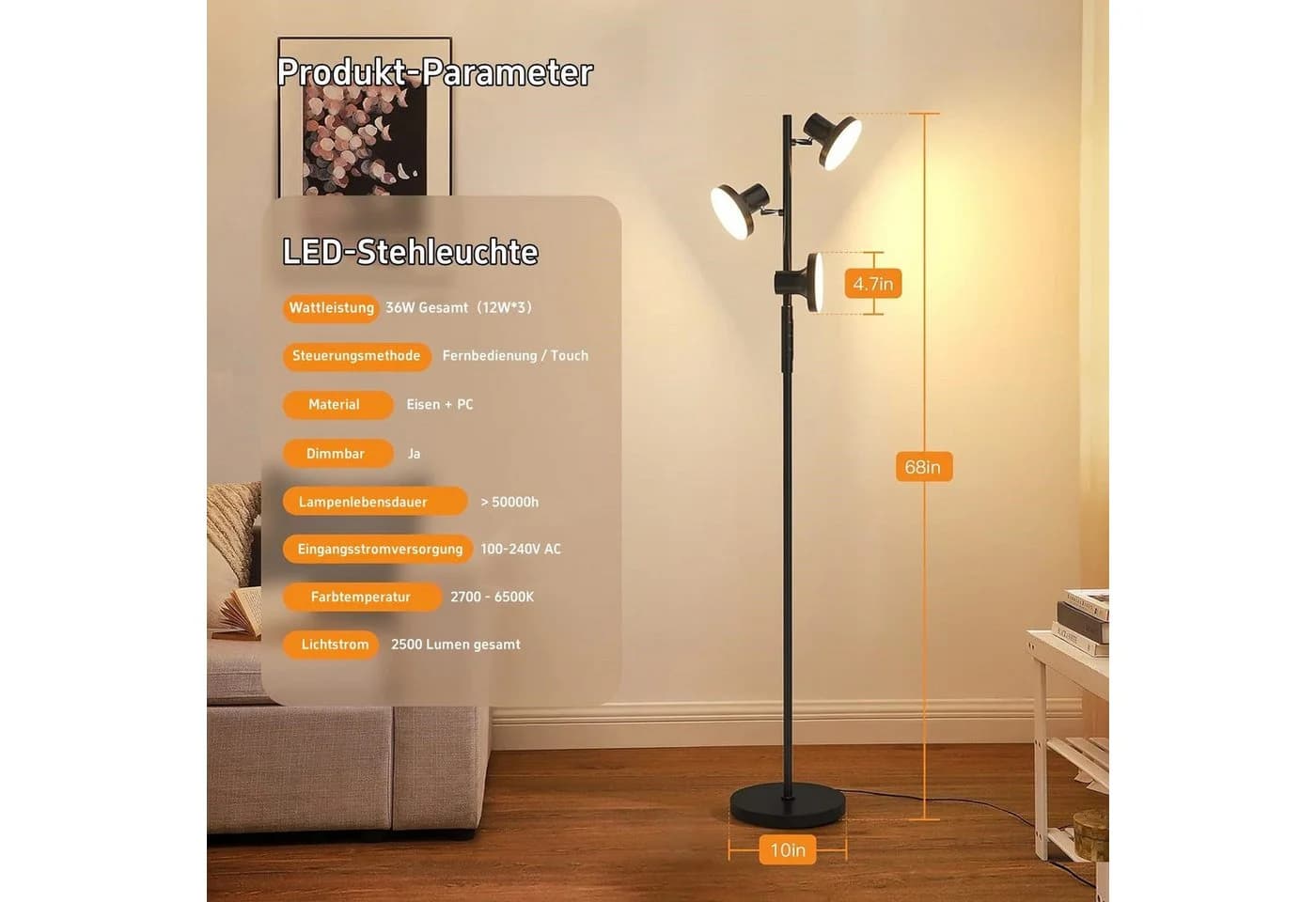 Novostella LED Stehlampe 36W 3 Köpfe 1,75m Schwarz - Bild 3