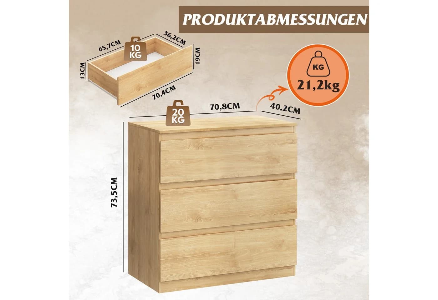 WLIVE Kommode 3-Schubladen Weiß Modernes Design