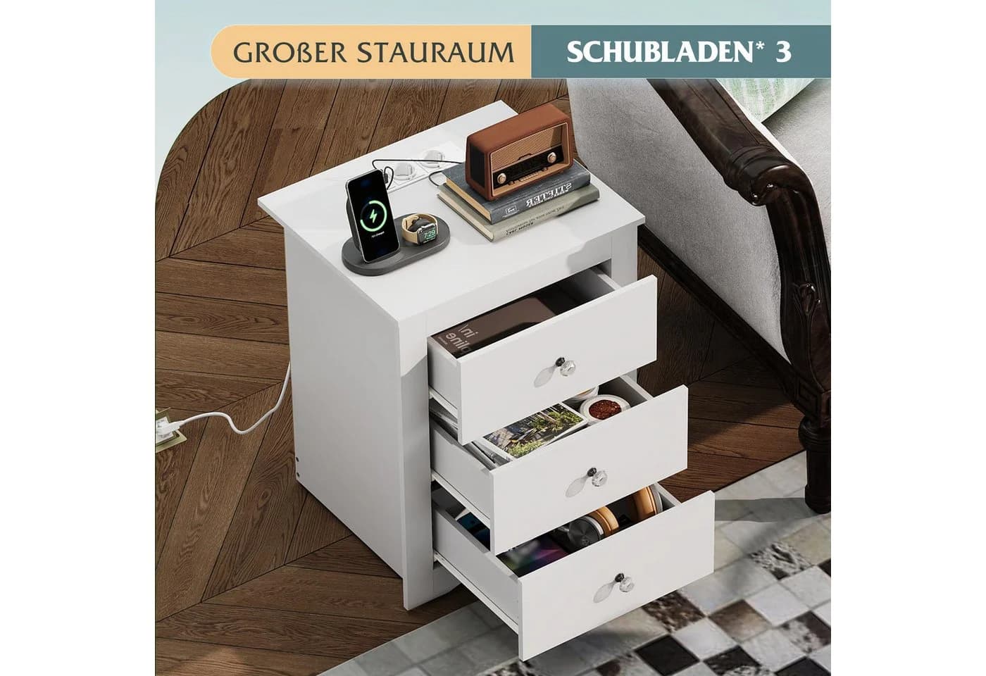 WLIVE Nachttisch mit Ladestation 3 Schubladen Weiß - Bild 5