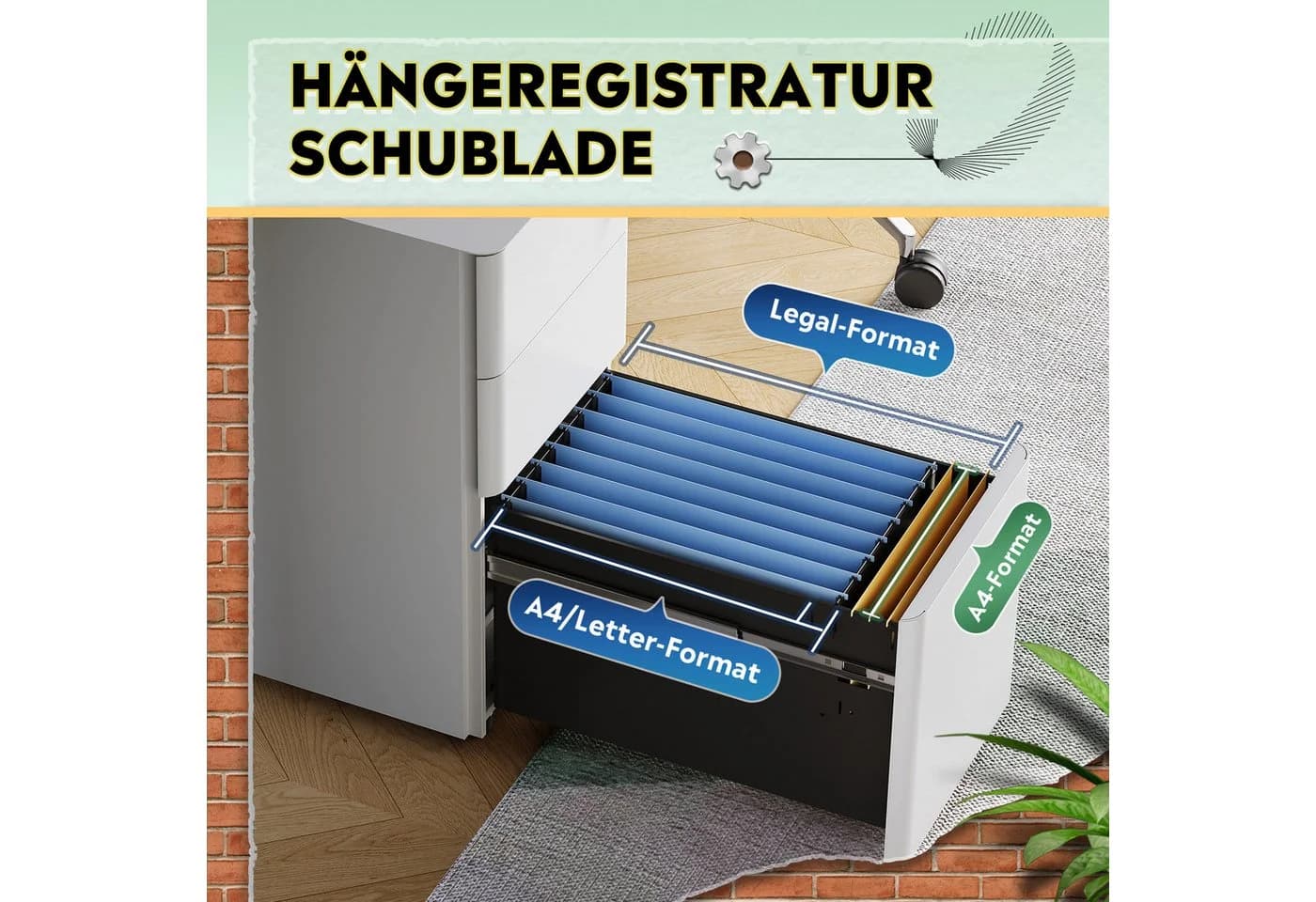 DEVAISE Rollcontainer 3 Schubladen Hängeregister abschließbar Schwarz/Weiß - Bild 5