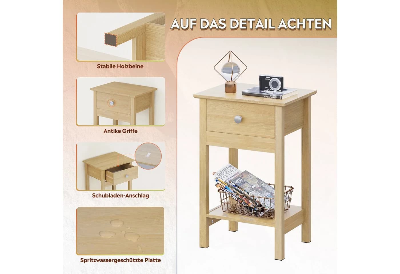 WLIVE Beistelltisch Eiche Natur mit Schublade und Ablage - Bild 5