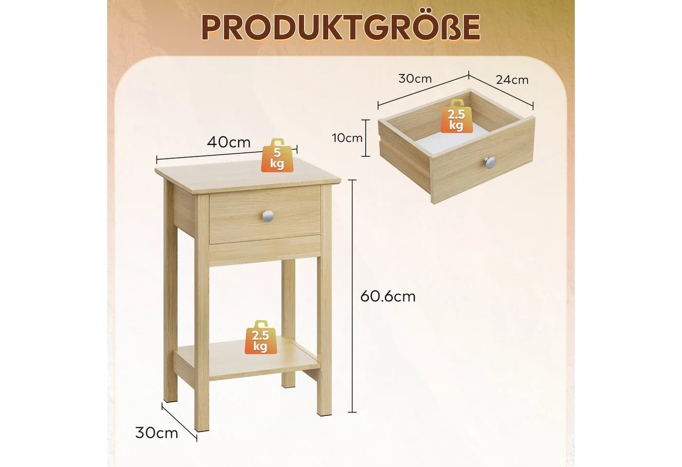 WLIVE Nachttisch mit Schublade und Ablage Eiche Natur