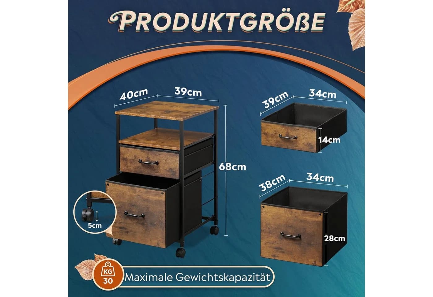 DEVAISE Aktenschrank Rollcontainer mit 2 Schubladen Holzoptik & Metallrahmen
