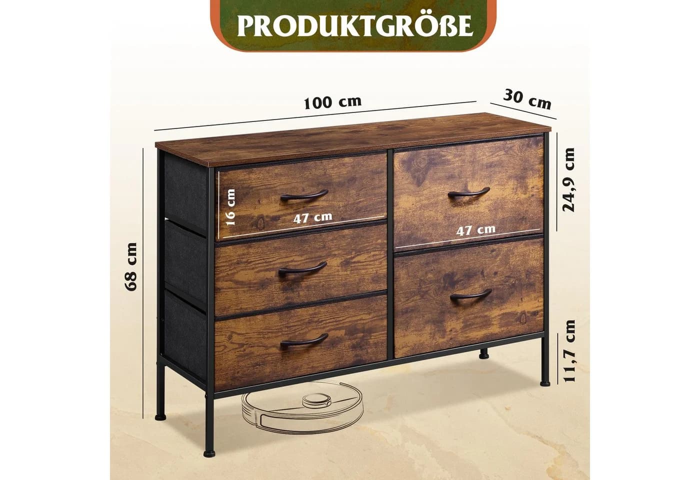 WLIVE Kommode mit 5 Stoffschubladen, Stabiler Stahlrahmen, Braun - Bild 3