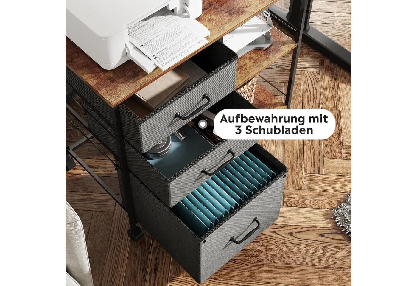DEVAISE Rollcontainer mit 3 Schubladen & 2 Ablagen, Mobiler Aktenschrank (Druckertisch für DIN A4/Legal/Letter, Breit 75cm) Schubladenschrank auf Rollen für Büro & Home Office - Bild 3