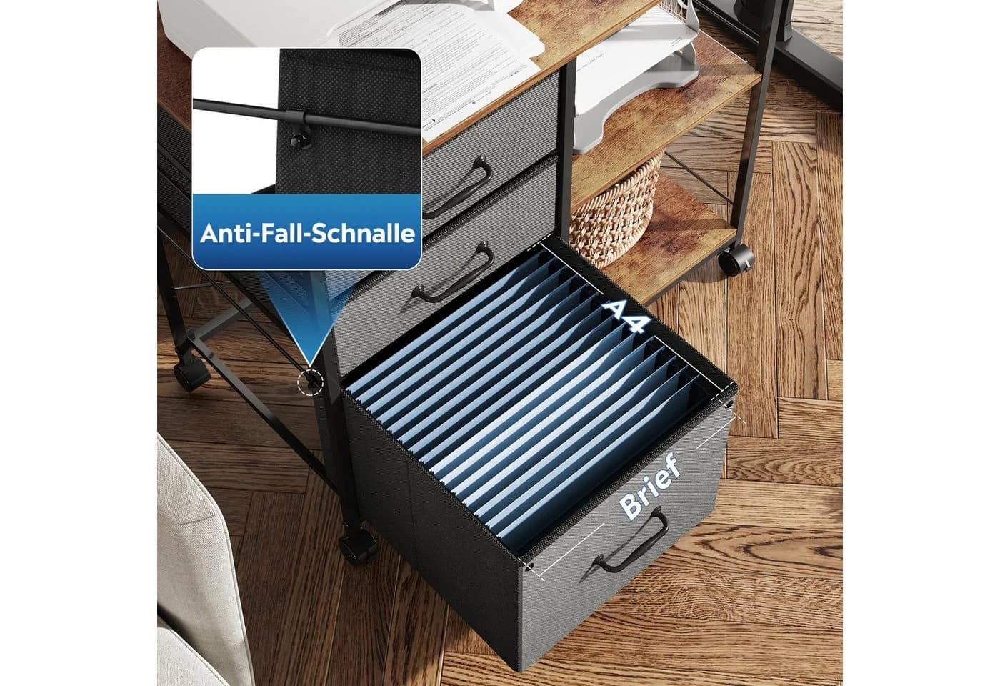 DEVAISE Rollcontainer mit 3 Schubladen & 2 Ablagen, Mobiler Aktenschrank (Druckertisch für DIN A4/Legal/Letter, Breit 75cm) Schubladenschrank auf Rollen für Büro & Home Office - Bild 4