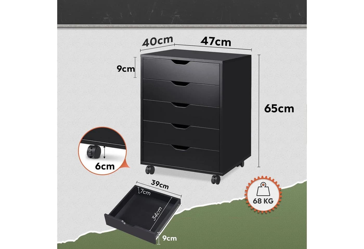 DEVAISE Rollcontainer 5 Schubladen & Tür Weiß/Schwarz Holzwerkstoff