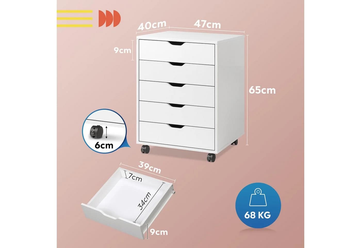 DEVAISE Aktenschrank Rollcontainer 5 Schubladen Tür Weiß/Schwarz - Bild 3