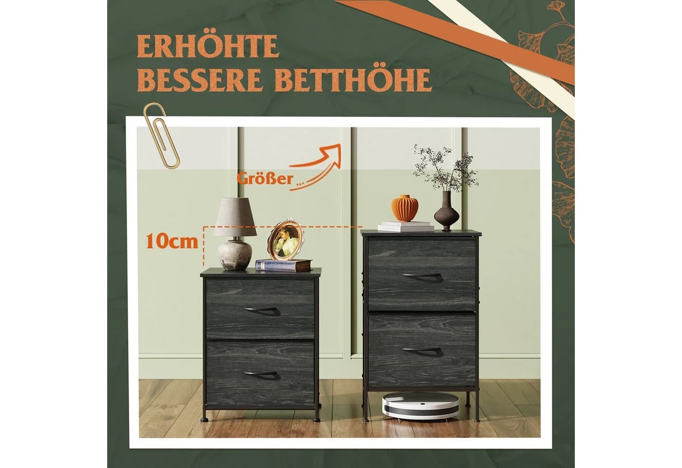 WLIVE Nachttisch mit 2 Stoffschubladen, 40x30x63 cm, Braun/Schwarz/Weiß - Bild 5