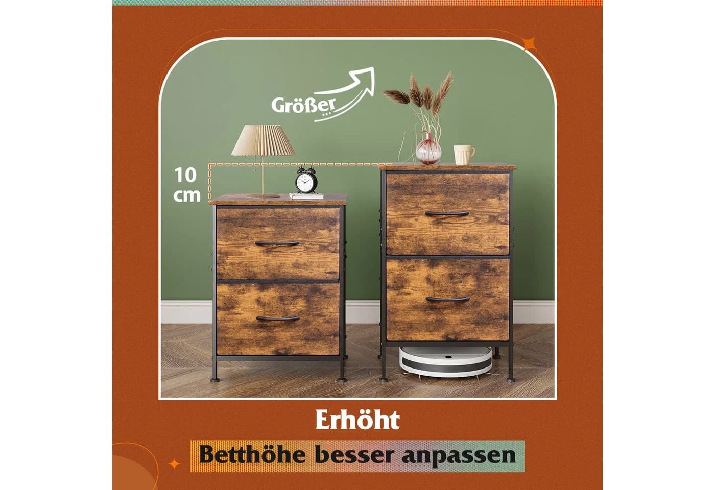 WLIVE Nachttisch mit 2 Stoffschubladen, 40x30x63 cm, Braun/Schwarz/Weiß - Bild 4
